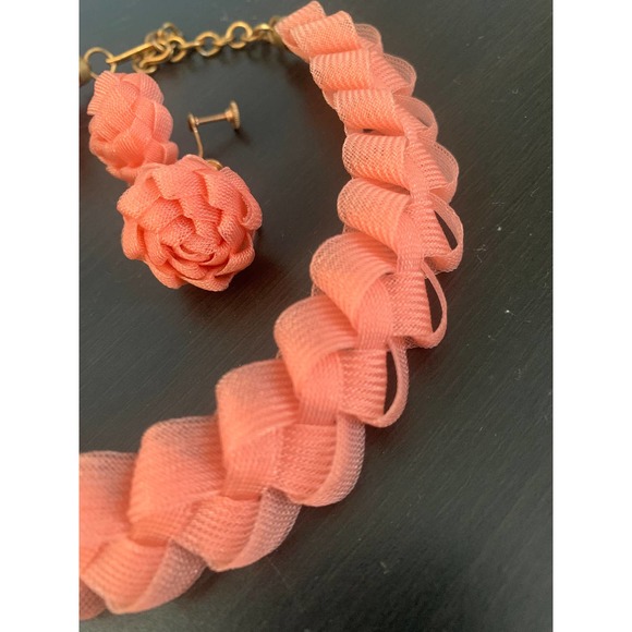 Coral Ribbon Braid Necklace Earrings Set - Picture 6 of 10